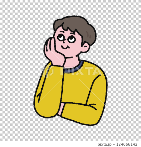 A man thinking about something while resting his chin on his hands A man thinking about something while resting his chin on his hands 124066142