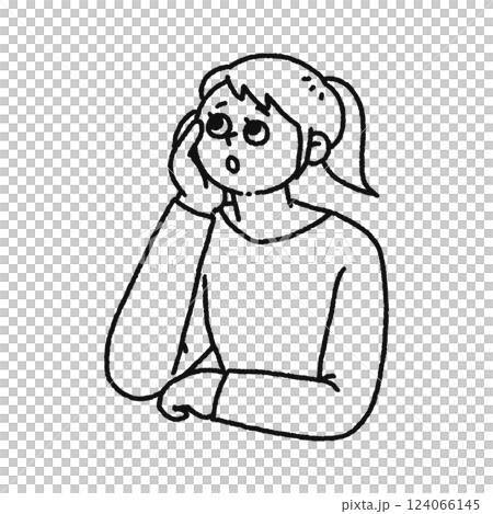 頬杖しながら何かを考える女性 線画 頬杖しながら何かを考える女性 線画 124066145
