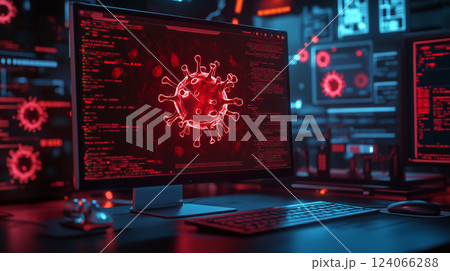 コンピュータウイルスと警告画面のイメージ コンピュータウイルスと警告画面のイメージ 124066288