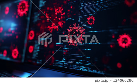 コンピュータウイルスと警告画面のイメージ 124066290