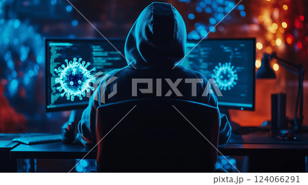 コンピュータウイルスと警告画面のイメージ 124066291