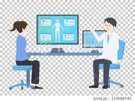 Female and male doctors talking while looking at test results in an examination room 124066545