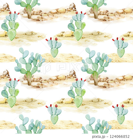Desert cactus seamless pattern hand drawn watercolor illustration. Prickly pear cacti grow in sandy ground desert landscape pattern decor element on white background 124066852