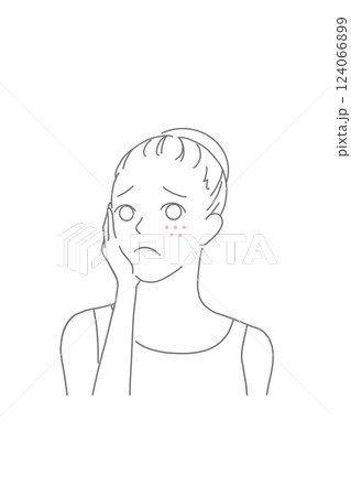 お肌の吹き出物に悩むまとめ髪女性の線画イラスト 124066899
