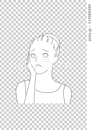 お肌の吹き出物に悩むまとめ髪女性の線画イラスト 124066899