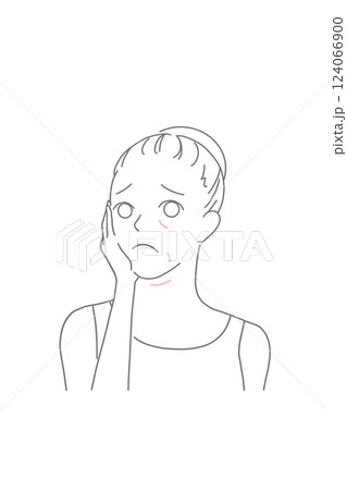 お肌のシワやたるみの悩むまとめ髪女性の線画イラスト 124066900