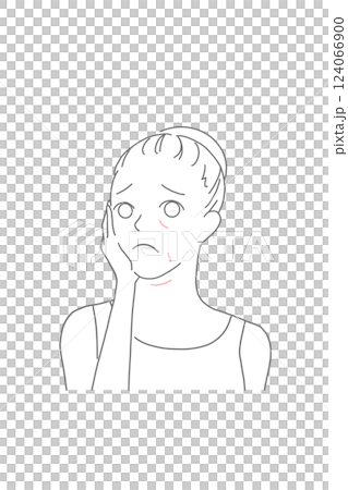 お肌のシワやたるみの悩むまとめ髪女性の線画イラスト 124066900