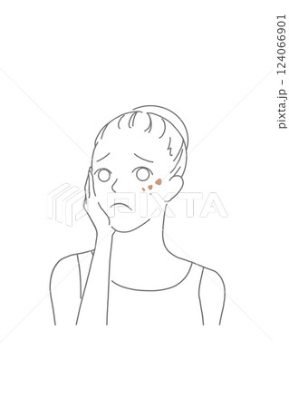 お肌のシミに悩むまとめ髪女性の線画イラスト 124066901