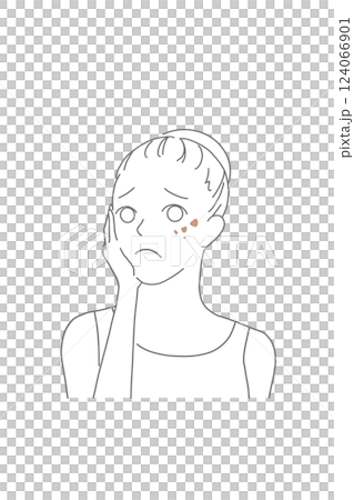 お肌のシミに悩むまとめ髪女性の線画イラスト 124066901
