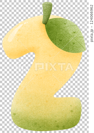 Watercolor cartoon of mango number 2 with leaves, Number hand drawn for kids Watercolor cartoon of mango number 2 with leaves, Number hand drawn for kids 124066962