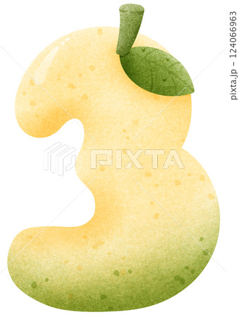 Watercolor cartoon of mango number 3 with leaves,  Number hand drawn for kids 124066963