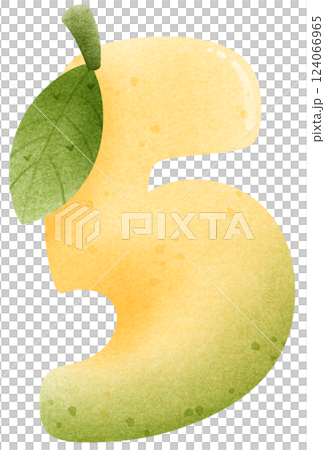 Watercolor cartoon of mango number 5 with leaves,  Number hand drawn for kids 124066965