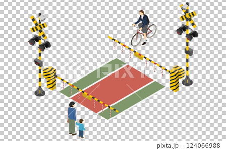 Isometric illustration: People waiting at a railroad crossing 124066988
