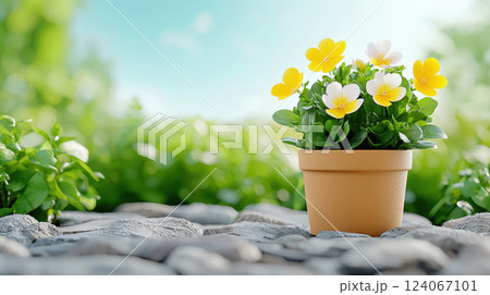 vibrant flower pot with yellow and white blooms, set serene garden. natural light enhances beauty of scene, creating peaceful vibrant flower pot with yellow and white blooms, set serene garden. natural light enhances beauty of scene, creating peaceful 124067101