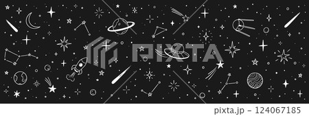 Space star vector kid background. Hand drawn doodle sketch style star space cute galaxy background. Hand drawn kid galaxy universe doodle pattern. Planet, rocket, moon element. Vector 124067185