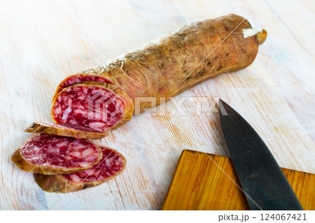 Spanish dry cured pork sausage Salchichon Spanish dry cured pork sausage Salchichon 124067421