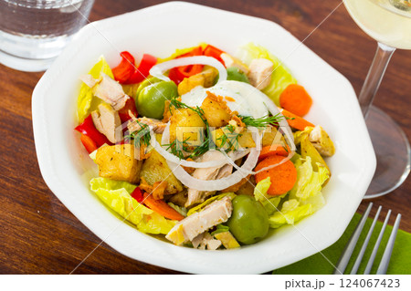 Salad with chicken, eggplants, greens 124067423