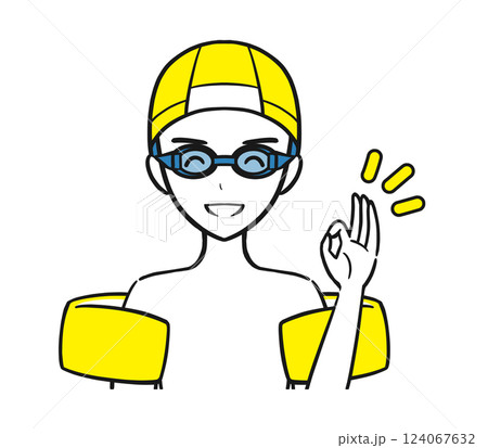 水泳の授業・習い事　水着を着てOKサインをする男の子（シンプル） 124067632