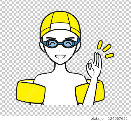 水泳の授業・習い事　水着を着てOKサインをする男の子（シンプル） 124067632