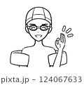水泳の授業・習い事　水着を着てOKサインをする男の子（線画） 124067633