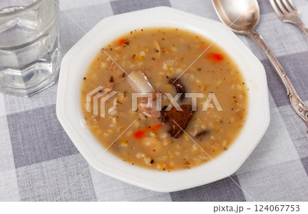 Pork and mushroom soup with vegetables and pearl barley Pork and mushroom soup with vegetables and pearl barley 124067753