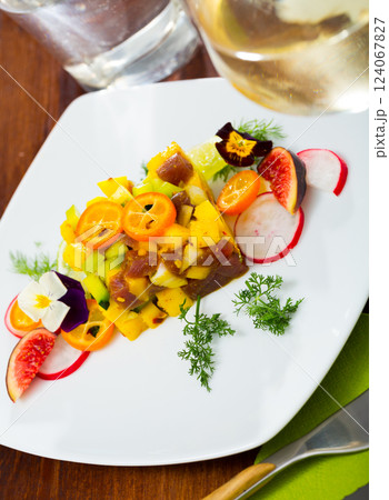 Fresh tuna tartare with avocado and mango Fresh tuna tartare with avocado and mango 124067827