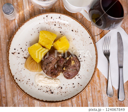 Fried pork with potatoes 124067849