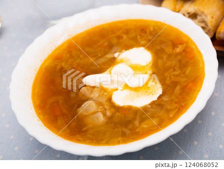 Sour cabbage soup served in bowl 124068052