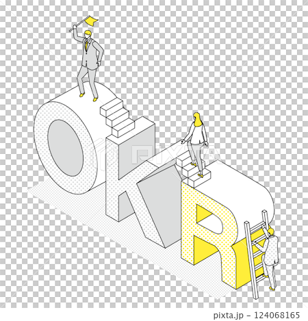 Illustration of a business aiming to achieve goals with OKR 124068165