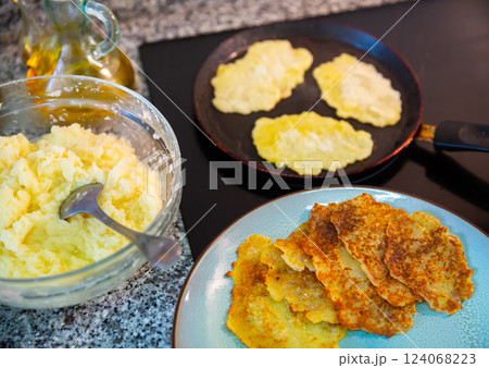 Cooking process of traditional Ukrainian deruny from grated potatoes Cooking process of traditional Ukrainian deruny from grated potatoes 124068223