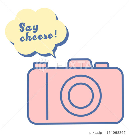 ピンク色のレトロモダンなシンプルなカメラのイラストと吹き出しのsay cheeseの文字 124068265