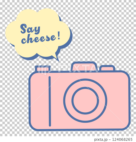 ピンク色のレトロモダンなシンプルなカメラのイラストと吹き出しのsay cheeseの文字 124068265