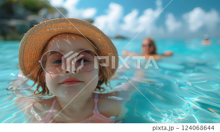 Adorable little girl enjoying a swim in clear turquoise water wearing stylish sunglasses and straw hat Adorable little girl enjoying a swim in clear turquoise water wearing stylish sunglasses and straw hat 124068644