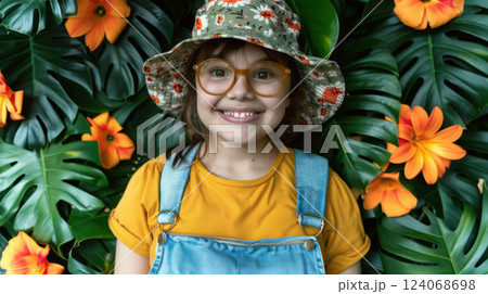 Cheerful girl in floral hat and denim overalls smiling among tropical leaves and flowers 124068698