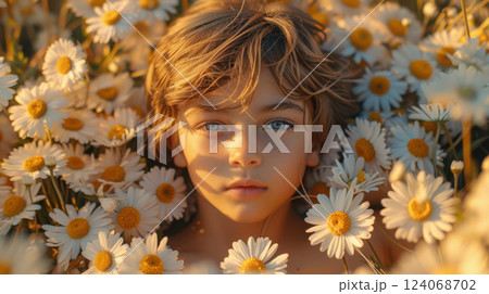 Blue-Eyed Boy Resting Among Blooming Daisies 124068702