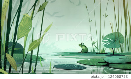 Illustration of Frog Resting on Rock at Golden Hour in Warm Summer Evening Illustration of Frog Resting on Rock at Golden Hour in Warm Summer Evening 124068738