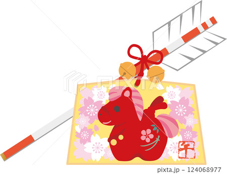 年賀状　年賀　2026　馬　絵馬　破魔矢　土鈴　桜　かわいい　午　午年　干支　ザイン　イラスト素材 124068977