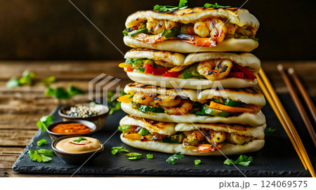 A gourmet stack of bao buns filled with grilled shrimp, bell peppers, and fresh herbs, served with an assortment of dipping sauces on a rustic slate platter 124069575
