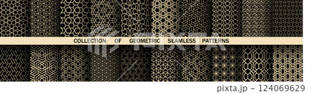 Geometric set of seamless black and golden patterns. Simple vector graphics Geometric set of seamless black and golden patterns. Simple vector graphics 124069629