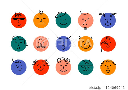 Round comic faces. Abstract smile characters, cartoon emoji avatars, doodle comic emoticon elements. Funny vector set Round comic faces. Abstract smile characters, cartoon emoji avatars, doodle comic emoticon elements. Funny vector set 124069941
