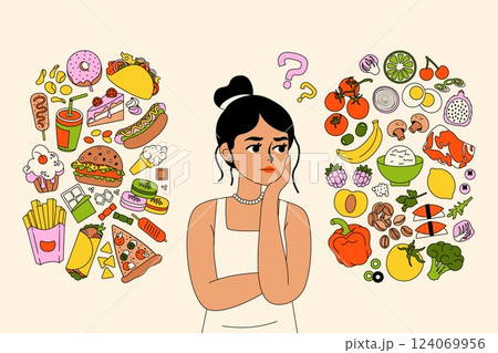 Healthy or unhealthy food. Fastfood vs health nutrition, woman chooses between good and bad meal, girl with junk snack and diet balanced meal. Vector cartoon illustration 124069956