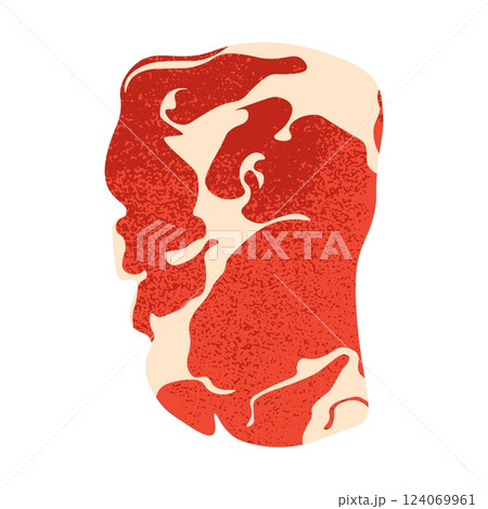 Raw beefsteak cut. Cartoon beef meat fillet with fat layer, flat porterhouse ribeye brisket beef steak slice for restaurant menu food. Vector isolated illustration Raw beefsteak cut. Cartoon beef meat fillet with fat layer, flat porterhouse ribeye brisket beef steak slice for restaurant menu food. Vector isolated illustration 124069961