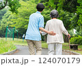 杖を使うシニア女性と介護士の後ろ姿 124070179