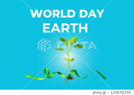 Earth Day, sprout and green ribbon on blue background, with text 124070330