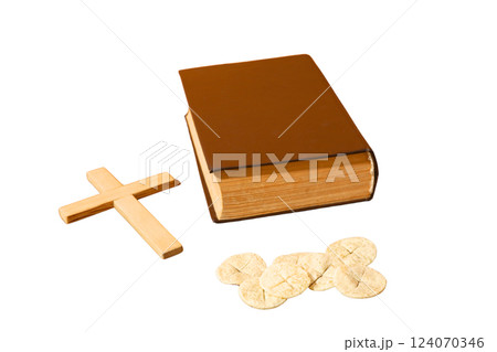 PNG, Eucharist, wooden cross with book and host plate, isolated on white background 124070346