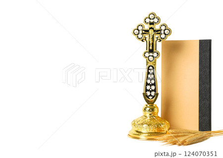 PNG, Eucharist, book, cross and ears of wheat, with space for text, isolated on white background 124070351