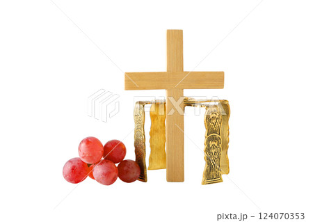 PNG, Eucharist, wooden cross on stand with grapes, isolated on white background 124070353