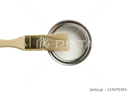 PNG, Paint, white paint in a metal can with a brush, top view, isolated on a white background 124070363