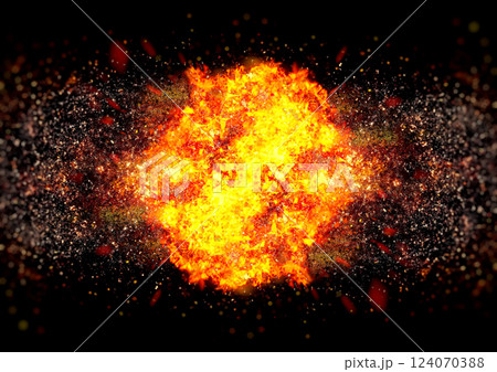 黒い背景に燃え上がる火の玉の3dイラスト 124070388