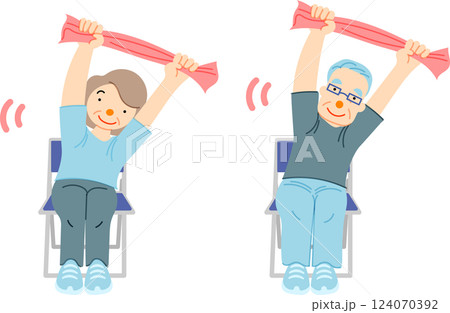 椅子に座ってタオルで簡単体操をするシニア夫婦イラスト 124070392